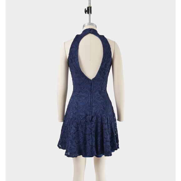 Vintage 90s Navy Lace Skater Dress Open Back Sleeveless Fit and Flare Mini XS - Picture 5 of 8